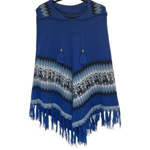 Alpaca Connection Peruvian Pattern Fringe Collared Cape Knit Poncho Royal Blue
